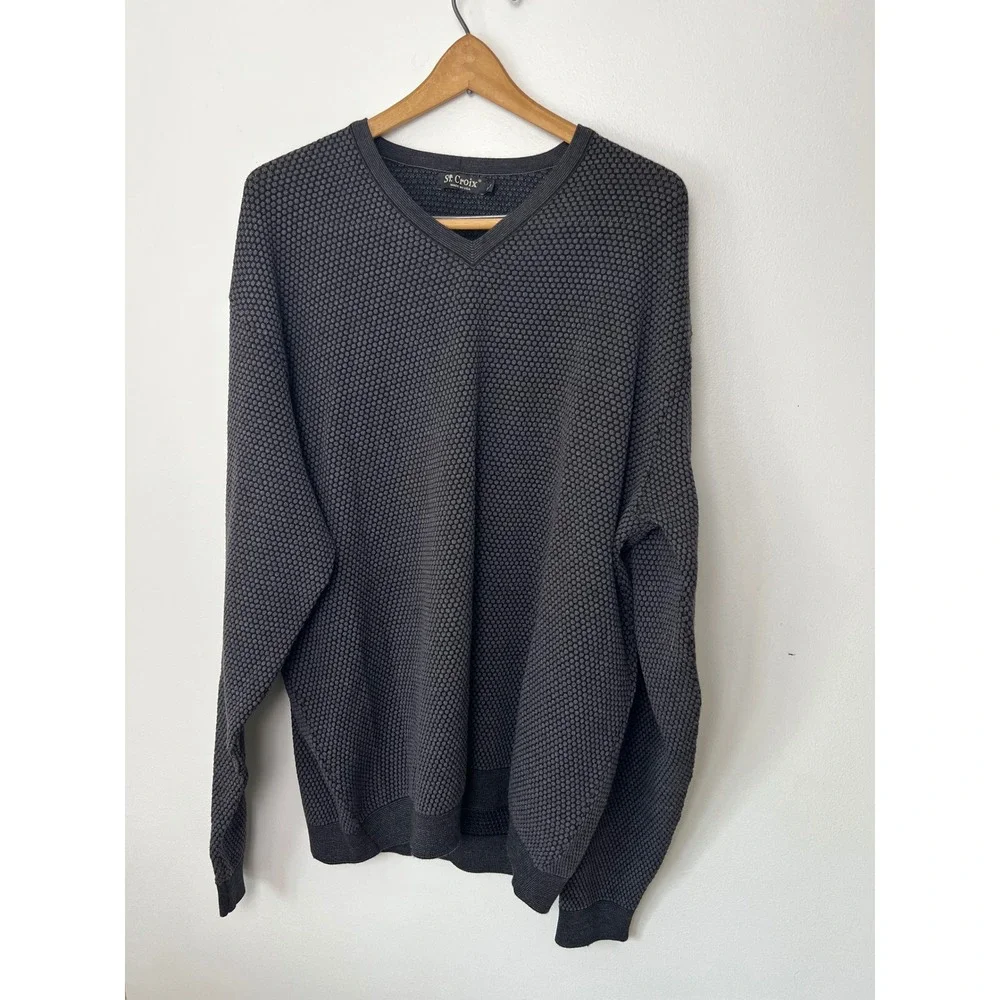St. Croix Mens 100% Wool V-Neck Sweater Charcoal Grey Honeycomb Knit 2XLT USA